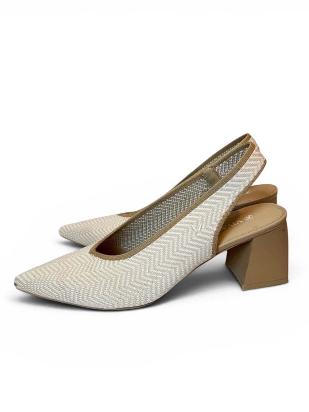 Vivaia Ivory Chevron Pointed-Toe Sling-Back Mesh Breathable Knit Texture Lining